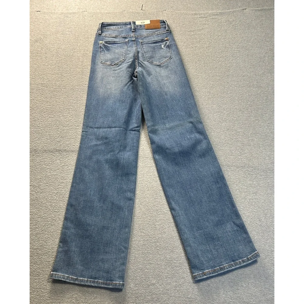 Judy BlueWide Leg Jeans Womens 0/24 HighRise Tummy Control Blue Denim Distressed